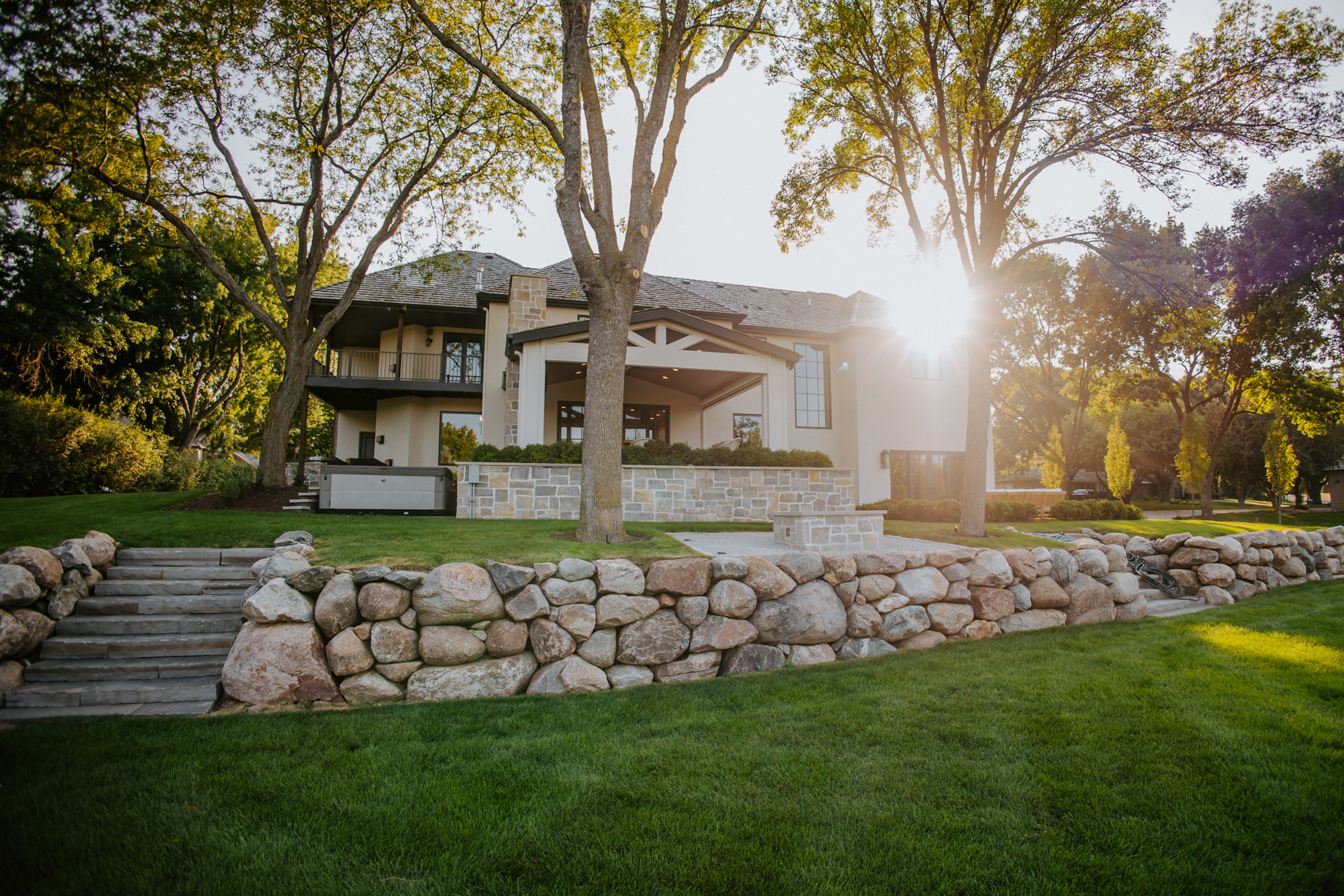 three-season porch and rock retaining wall