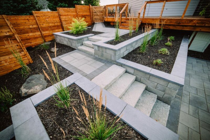 Modern style retaining wall featuring stairs, Weller Brothers Landscaping