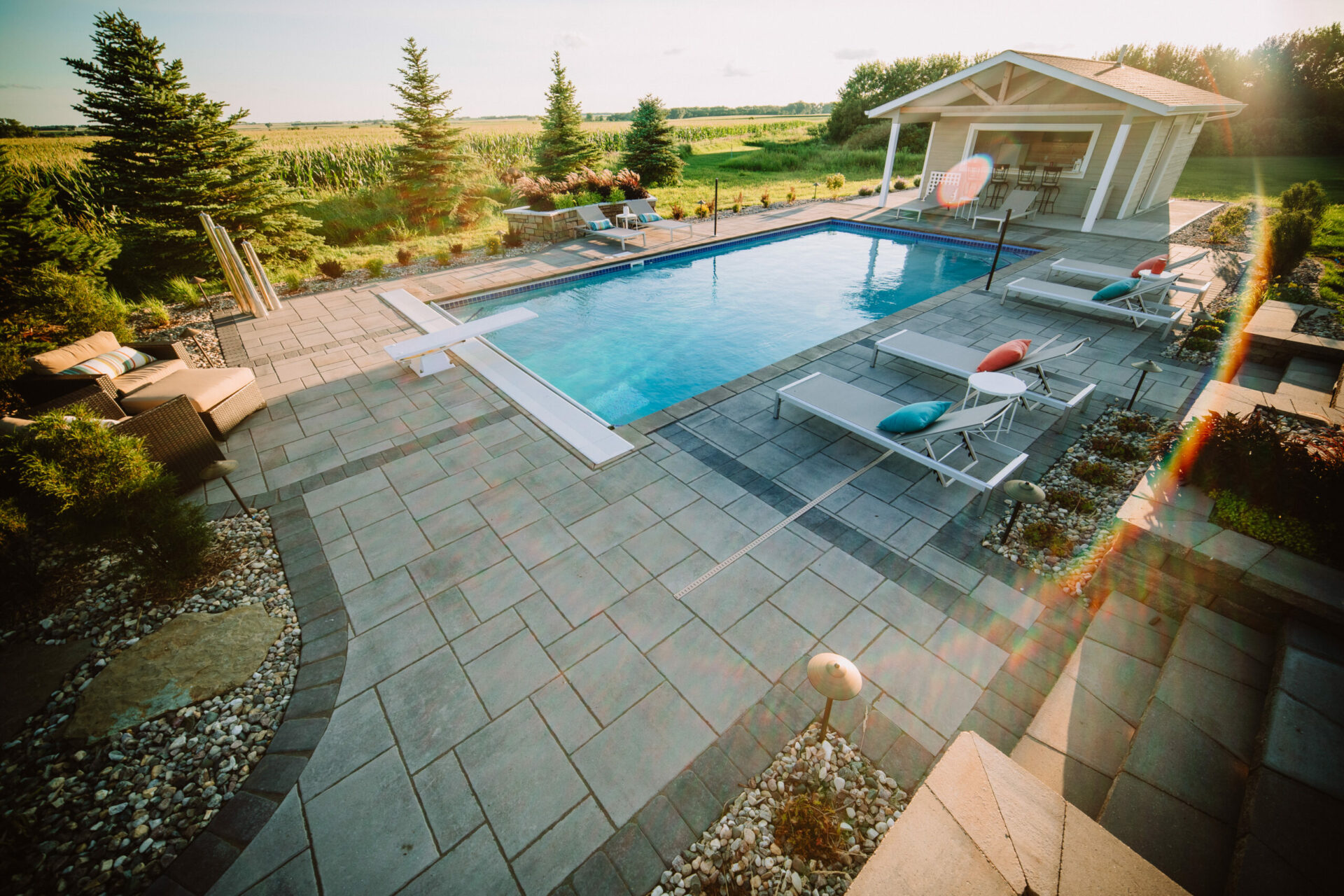 backyard pool amidst cornfield