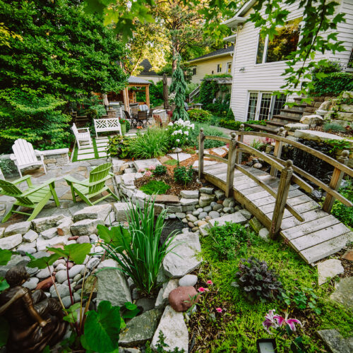 backyard garden with bridge