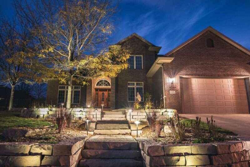 Front yard retaining wall with landscape lighting, Weller Brothers Landscaping