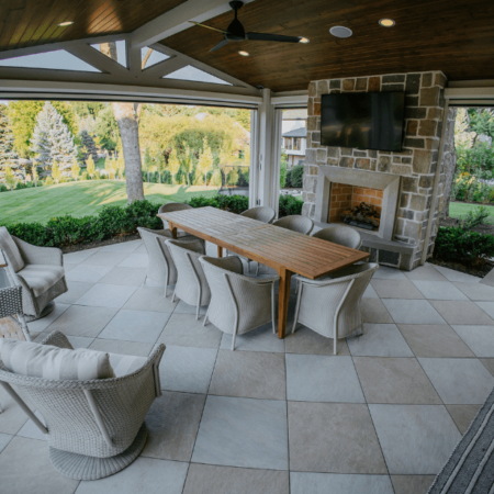 outdoor dining area with porcelain tiles