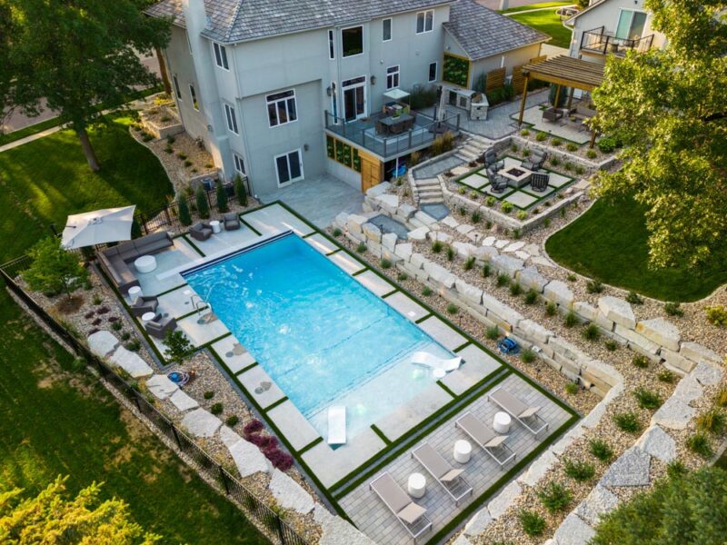 Patio and pool in backyard