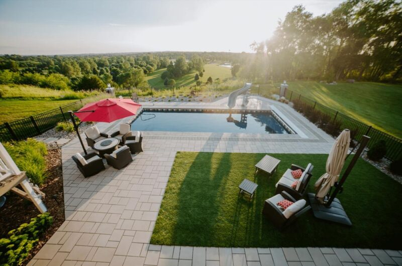 Landscaping and pool in the evening
