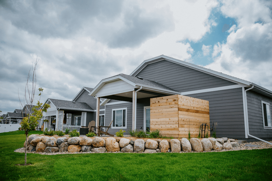 wide shot of a new home with a backyard patio