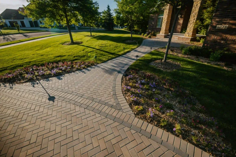 a paver walkway leads up to a home