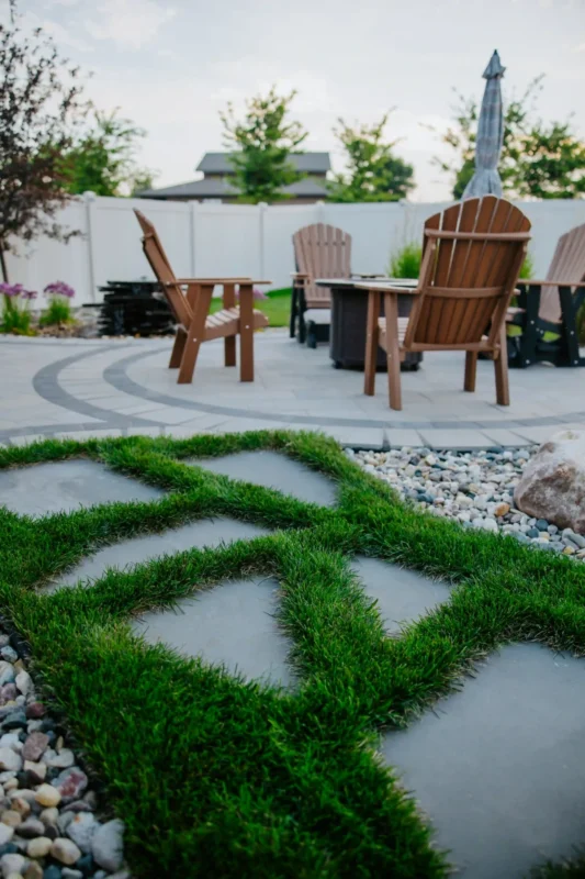 detail shot of grass and paver walkway