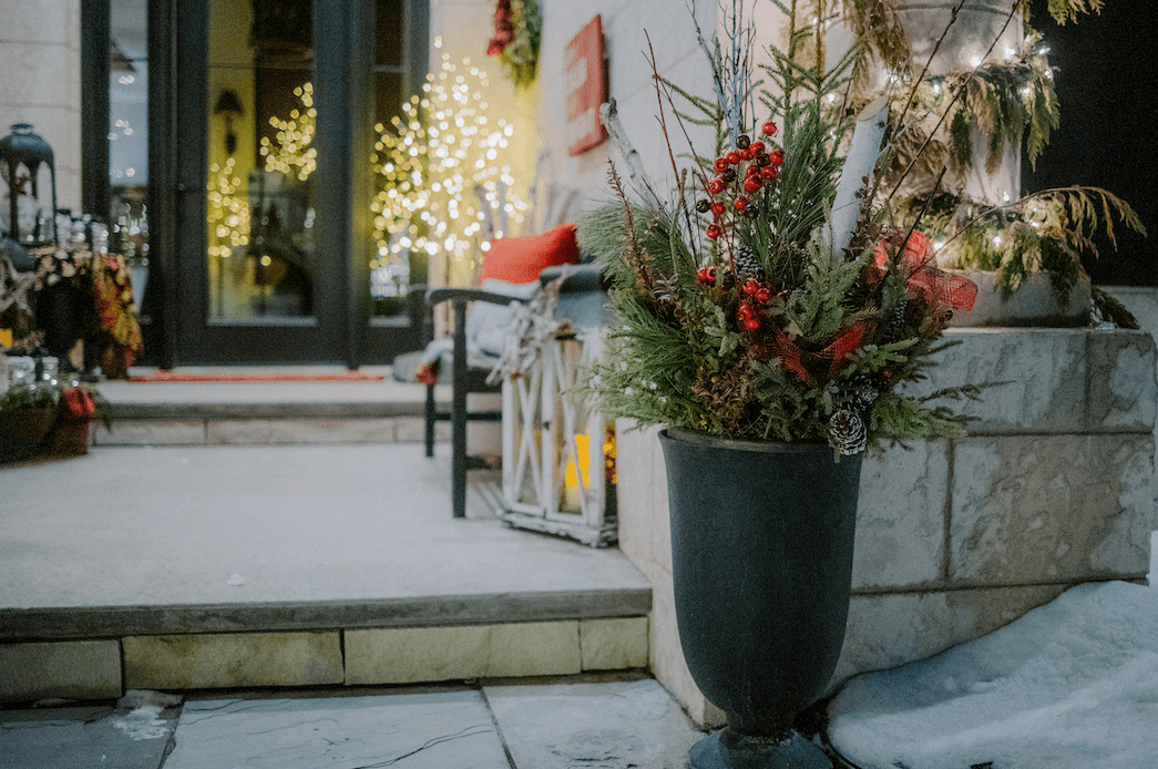 holiday planter on front porch